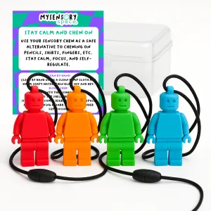 4 Pack | Block Man Sensory Chew Necklace - Free Hygiene Case Farm Animal Rigging Skeleton