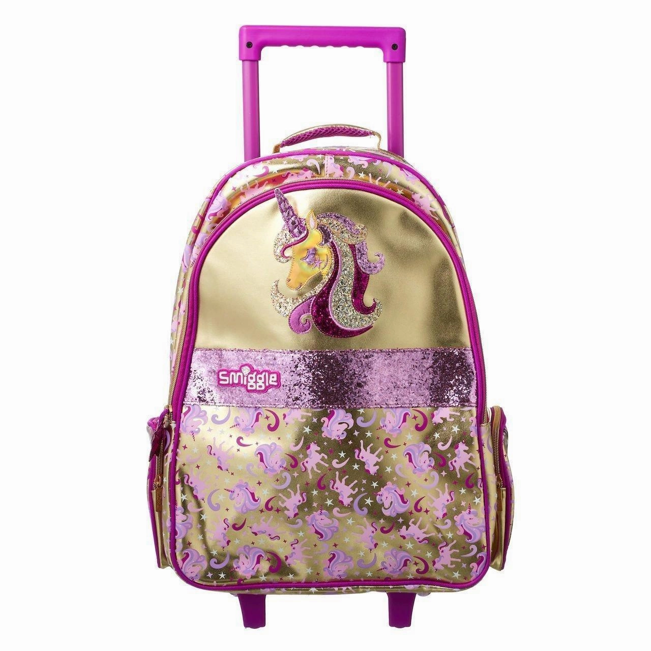 SMIGGLE Gold Trolley Backpack With Unicorn Motif and Light Up Wheels Snow Fun