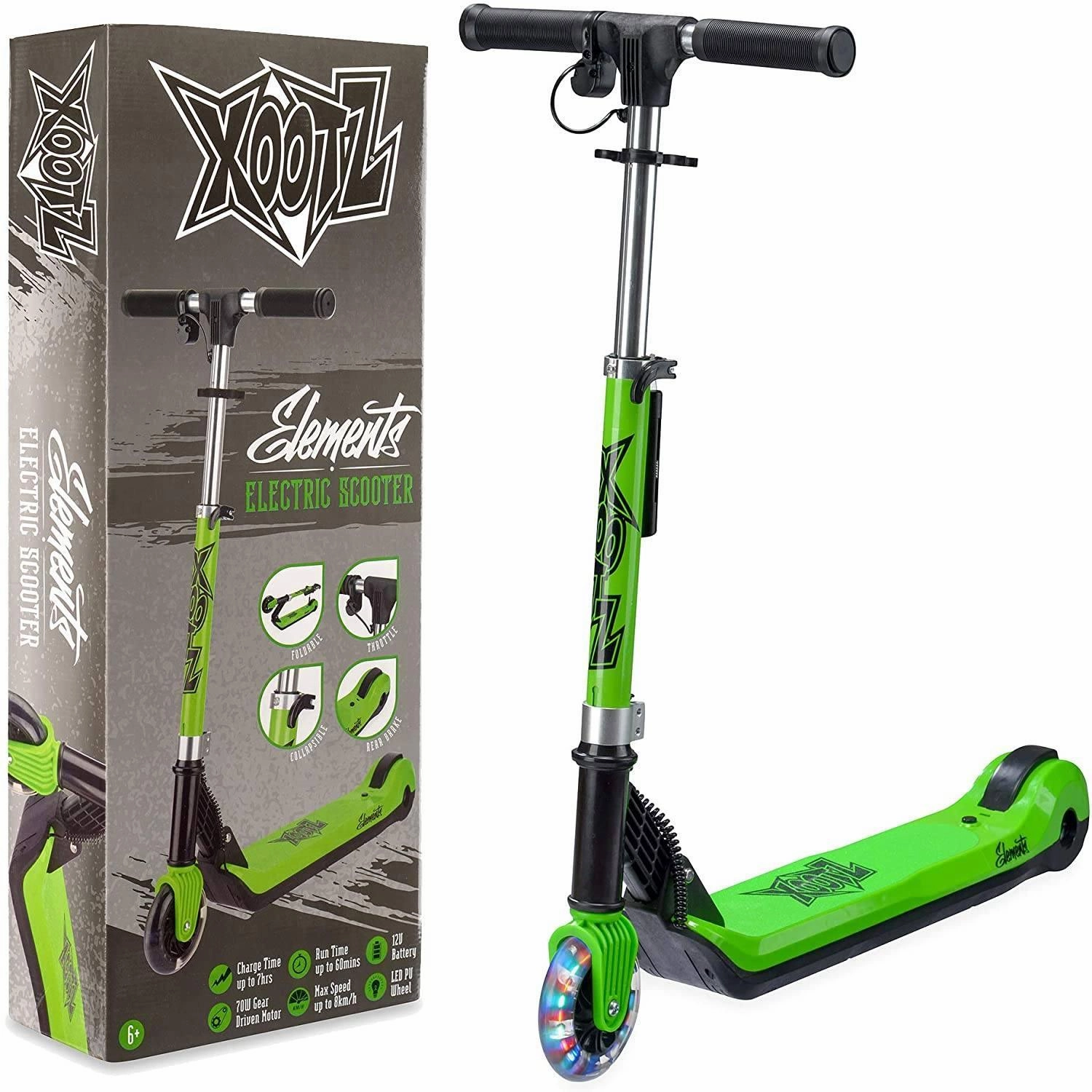 Prince Princess Climbing Gear XOOTZ Kids Electric Scooter Folding with LED Light Up Wheel - Green