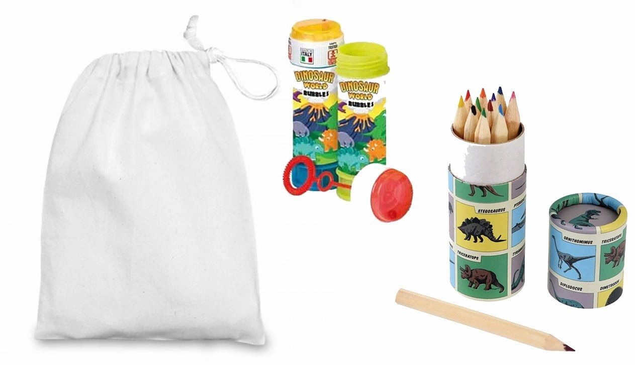 Dinosaur Bubbles Party Bag with Dinosaur Crayons Star Formation Time Concept