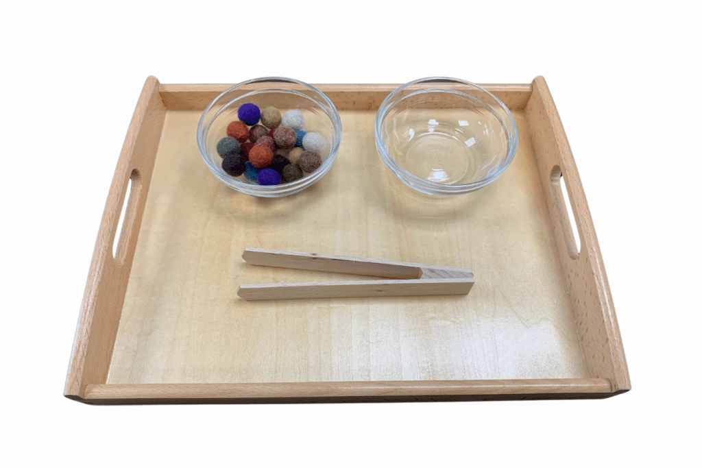 Difficulty Conquer Montessori Tonging Activity - Papoose Balls - includes Tongs, Tray, Bowls and Papoose Felt Balls