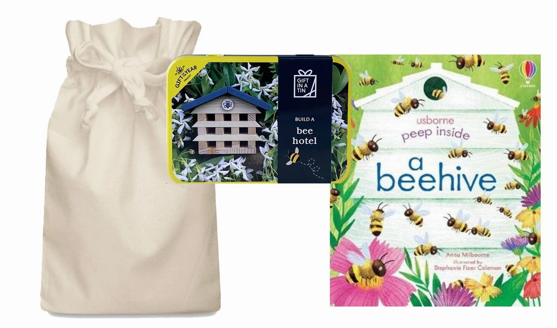 A Beehive Story Sack with a Build a Bee Hotel Tin Phthalate free Spring Time
