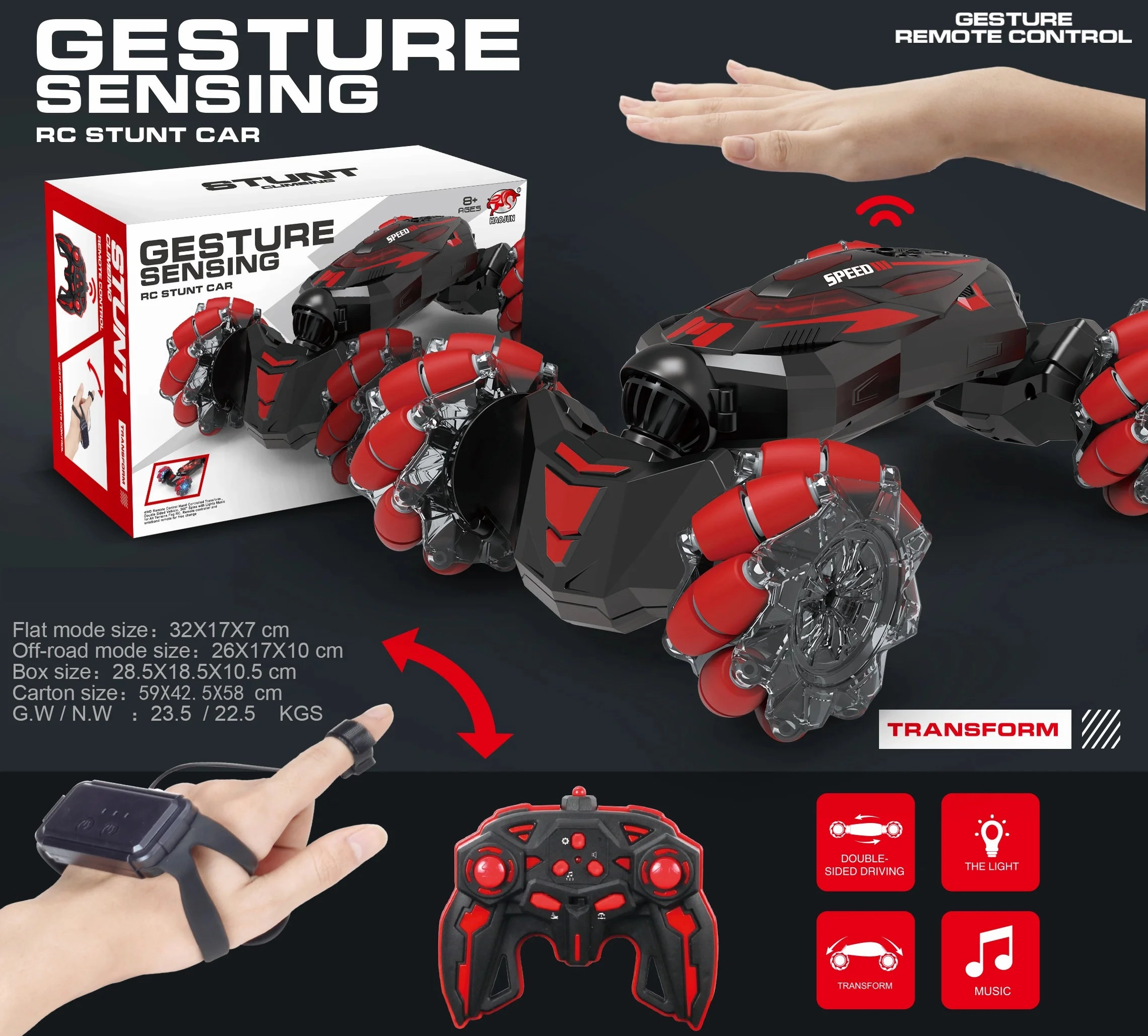 Data Structure Gesture Sensing RC Transforming Stunt Car - Assorted Colours