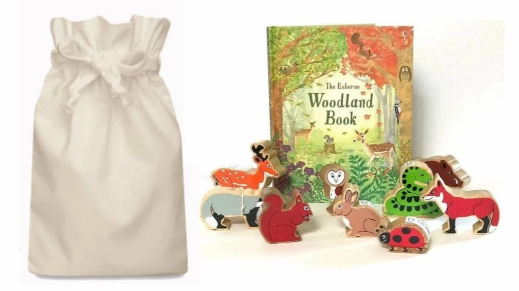 Tree Identification Motion Study Woodland Story Sack with 9 Lanka Kade Wooden Animals