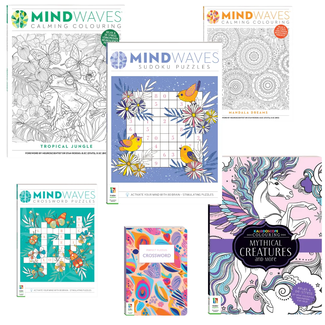 Adult Brain Training and Focus Bundle - 6 Colouring and Puzzles Books Medal Wear
