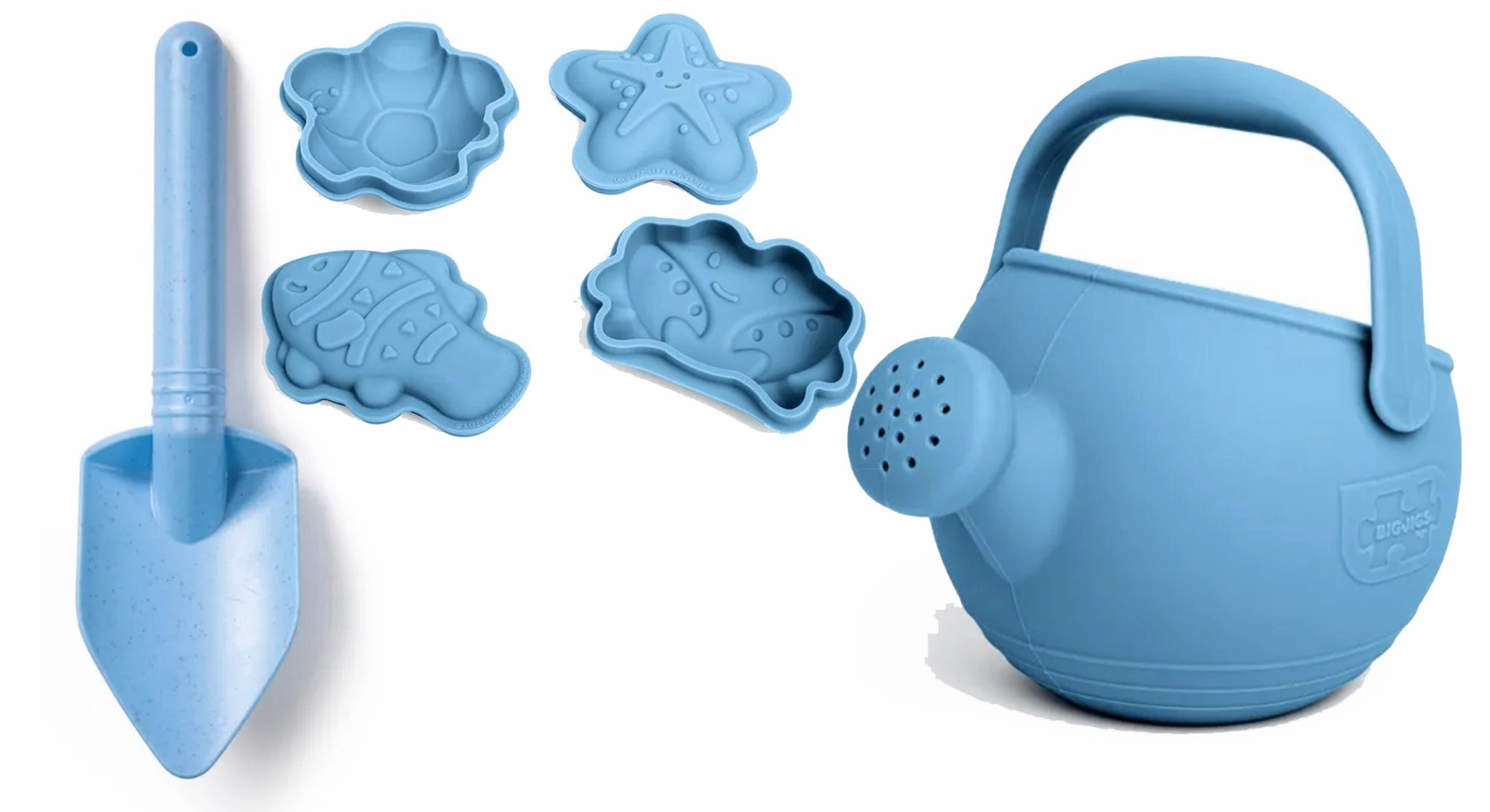Bigjigs Blue Beach Bundle, Silicone Watering Can, Sand Moulds and Spade Set Gratitude Express