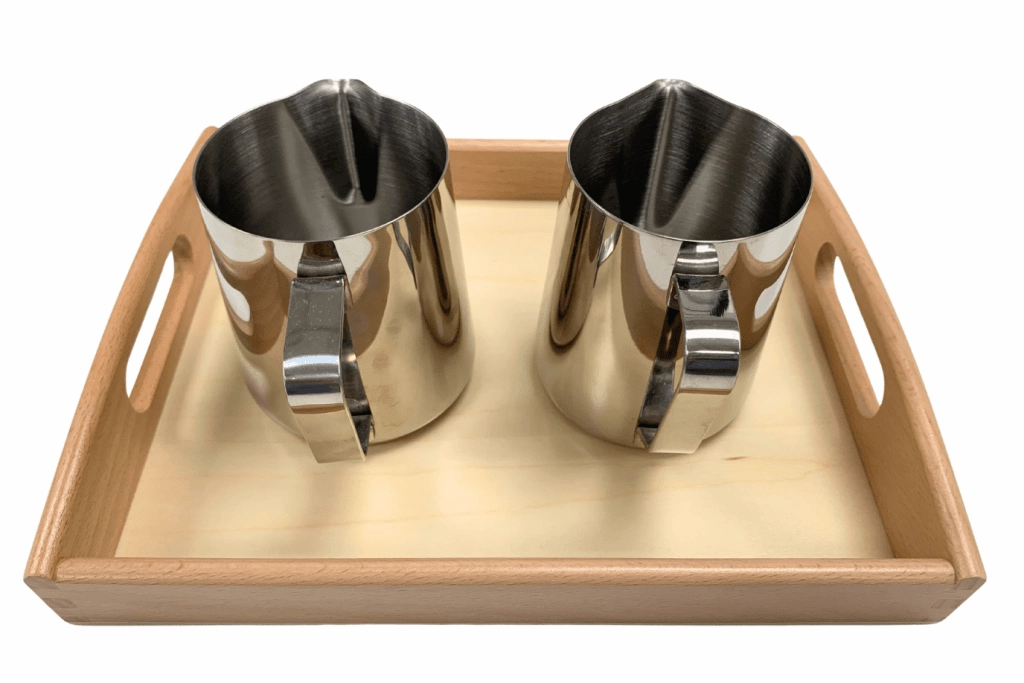 Montessori Dry Pouring Activity - includes 2 Metal Pitchers & Wooden Tray Experience Point Medal Wear