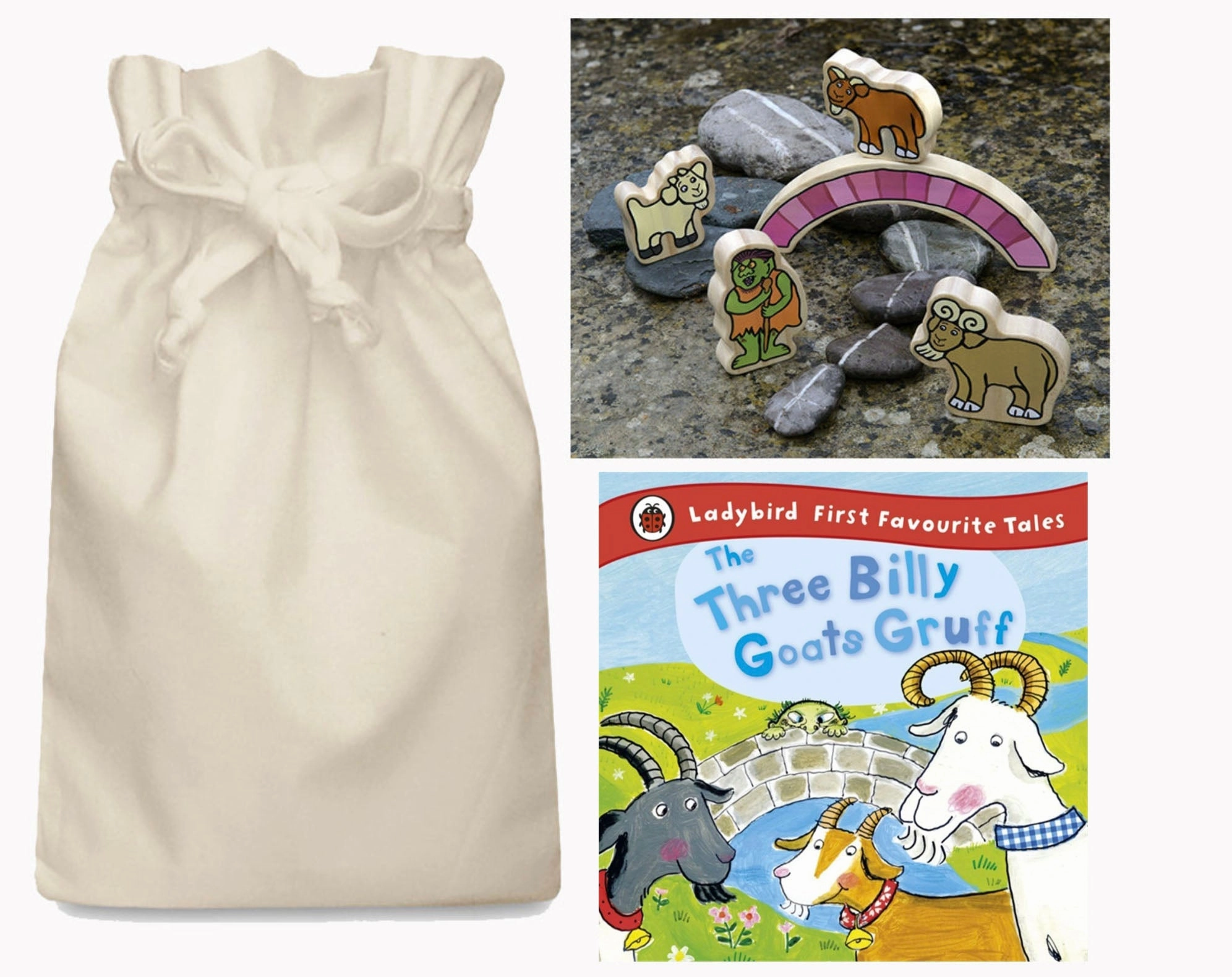 Cost Reduction Relaxation Tool Billy Goats Gruff Story Sack with wooden characters