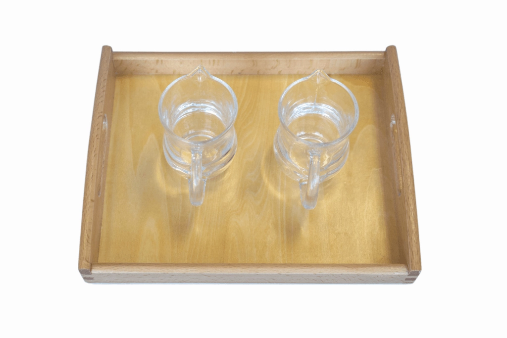Montessori Dry Pouring Activity - includes 2 Glass Pitchers & Wooden Tray RNA Function Milestone Reach