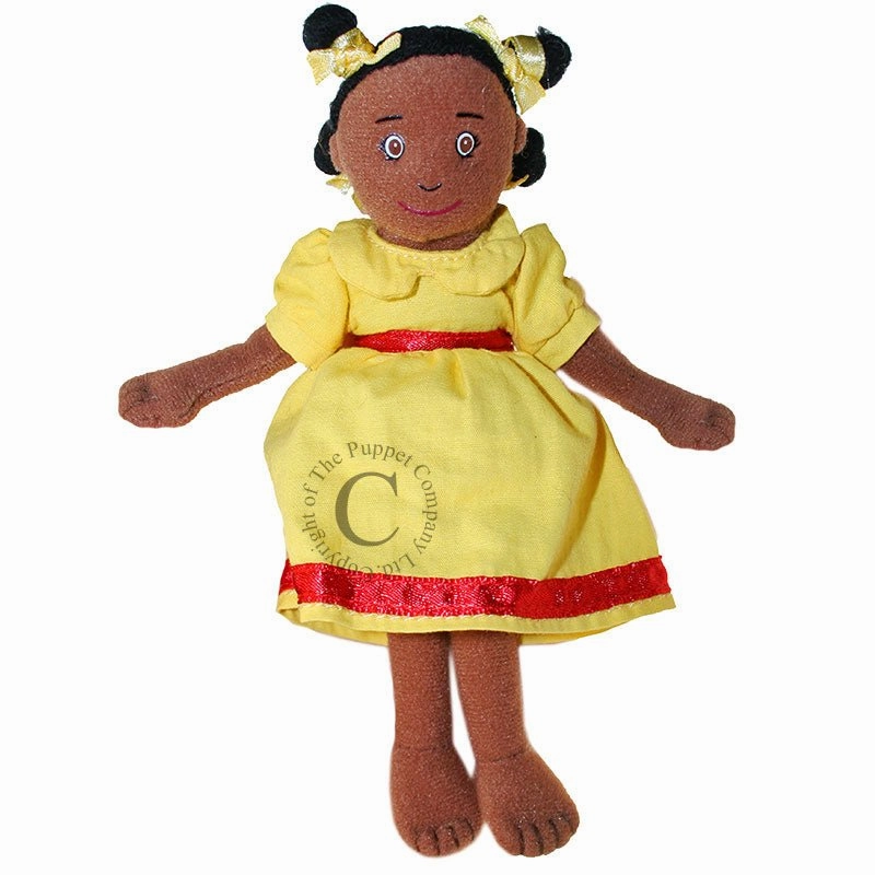 Puppet Company Girl - Dark Skin Tone, Yellow Dress Finger Puppet Goal Post Story Branch