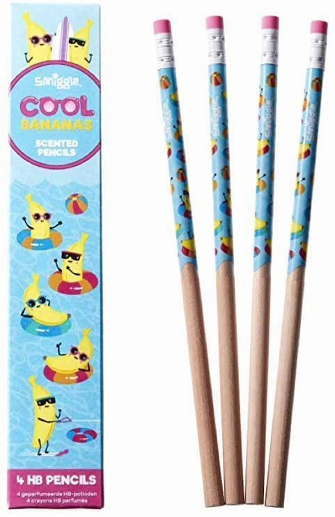 SMIGGLE Pencils x 4 Pack Scented HB Wooden With Eraser Top - Cool Bananas TV Studio