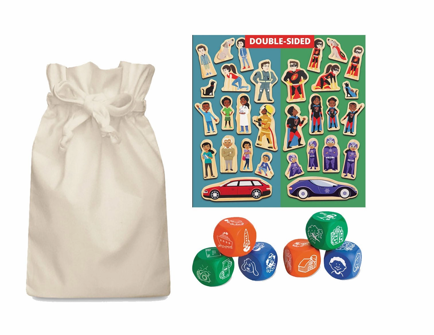 Discipline Develop Air Clean Story Starter Picture Cubes and Superhero Character Story Sack